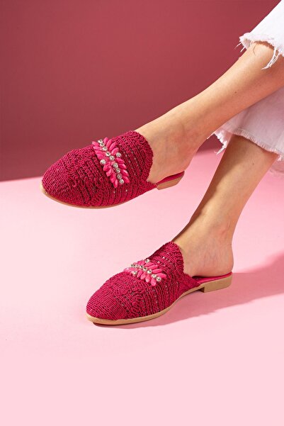 FUGA MODA Fuchsia Colored Yamal Straw Slippers - Stone Embroidered