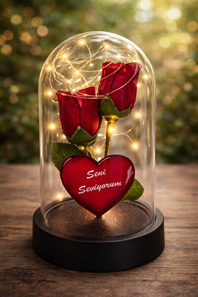 Piyan Kırmızı Gül Çiçek Kalpli Işıklı Fanus 14 Şubat Sevgililer Günü Hediyesi...