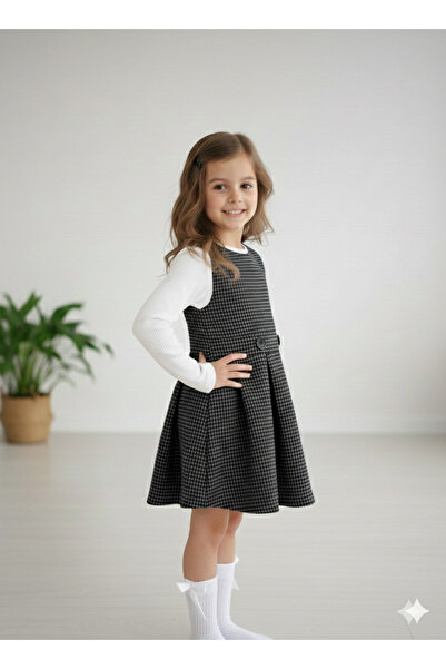 DoğaButikGiyim Girl's Houndstooth Patterned Buttoned Belt Detailed Special Oc...