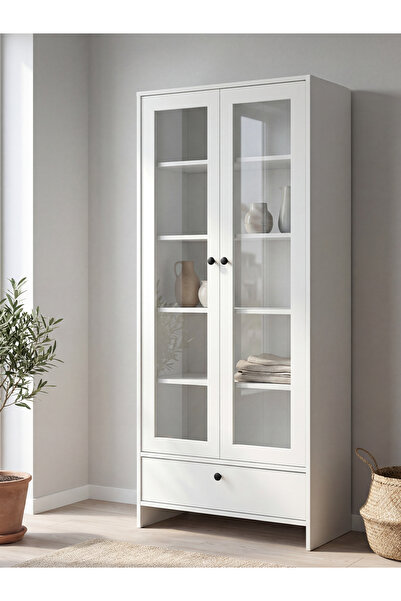 BBF Furniture Cam Kapaklı Vitrin ve Kitaplık – 5 Raflı, Çekmeceli, Çok Amaçlı...