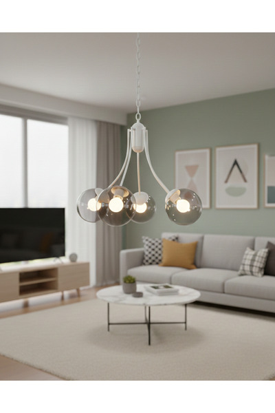 avizade PERA Modern Beyaz Metal Gövde 5'li Füme Cam Avize - Lüks Aydınlatma -...