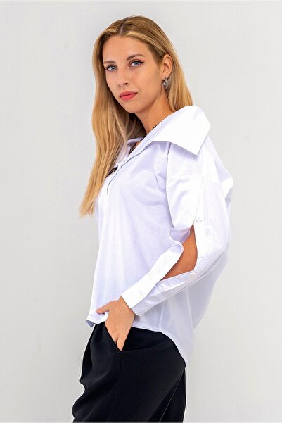 Bold & Young Cămașă de damă din bumbac Lycra, cu șliț la mâneci și nasturi, albă