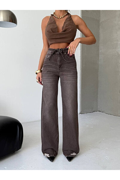 HerTon Kadın %100 Pamuk Arka Yırtık Detaylı Geniş Paça Jean Pantolon - Bel Ba...