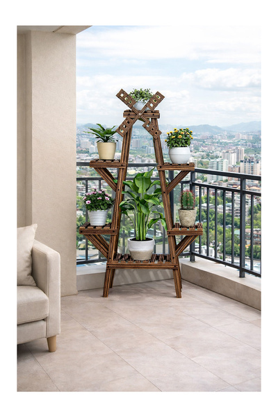 ALANDEKOR Cevİz Rengi Ahşap 6 Raflı Çiçeklik, Saksılık, Çiçek Standı, Dekorat...