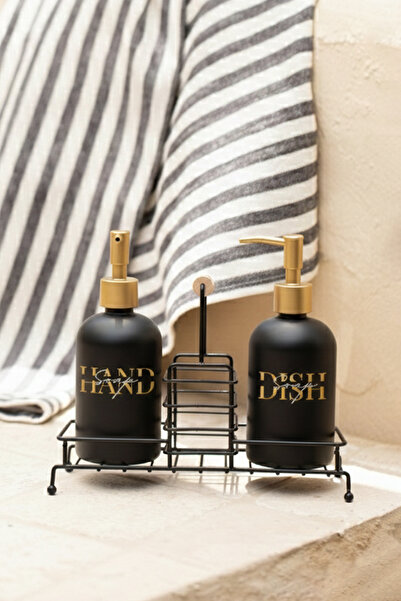 Rakle Essential Black Metal Wooden Handle Stand Set of 2 Liquid Soap Dispense...