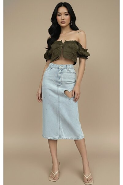 HerTon Kalp Detaylı Taş İşlemeli Açık Mavi Denim Midi Etek