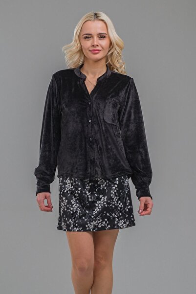Bold & Young Cămașă din catifea Lycra cu guler negru pentru femei
