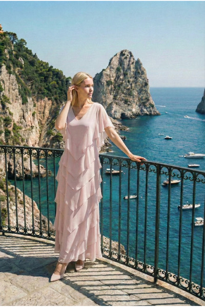 Romina Samara Omuz Dekolteli Volanlı Uzun Abiye Şifon Davet ve Düğün Elbisesi