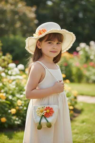 Aware Time 3-8 Yaş Kız Çocuk Hasır Aksesuarlı Fötr Şapka Çanta Set