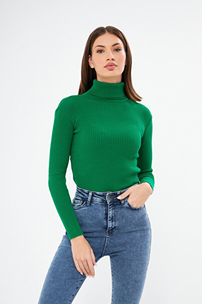 brako tekstil Γυναικείο Πράσινο Μακρυμάνικο Πουλόβερ με γιακά ψαρά.