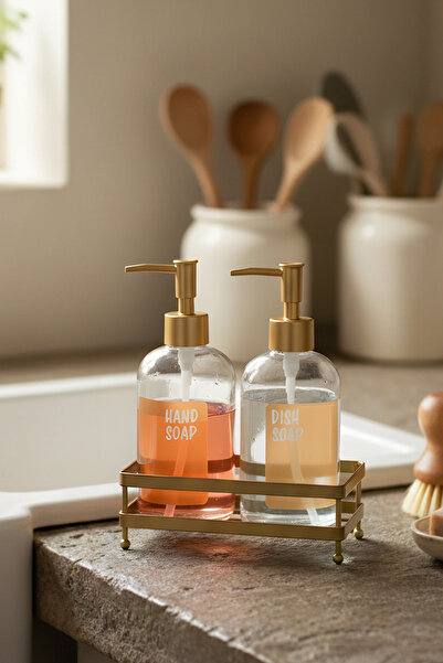 Rakle Zen gold metal square stand 2-piece liquid soap dispenser set 420 cc