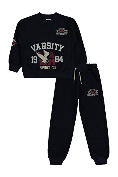 Mışıl Kids Tracksuit Set with Printed Sleeves for Ages 6-9 - Navy Blue 8-9 Years