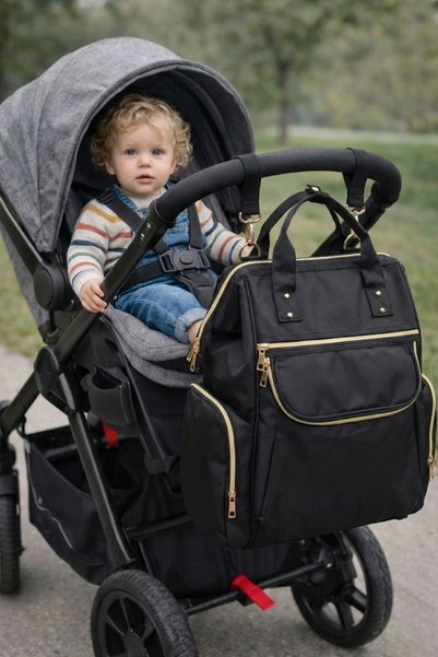 BenimBebek Baby Care Bag Luxury Mother Baby Care Backpack Black Gold Zipper