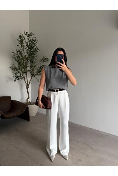 Bade Butik Pantaloni Atlas Ecru cu talie înaltă