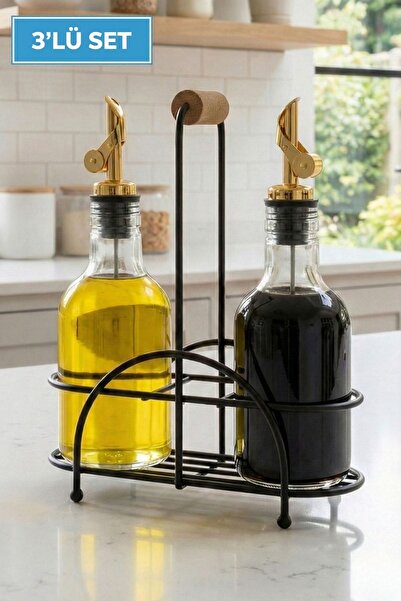 LE PARİS 3'lü Metal Stantlı Cam Yağlık Sirkelik Seti - Damlatmaz Gold Başlıkl...