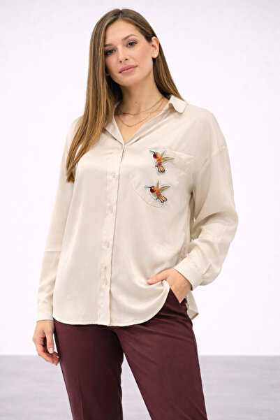 ileenofficial Cebi Kuş Aplike Detaylı Oversize Krem Saten Gömlek
