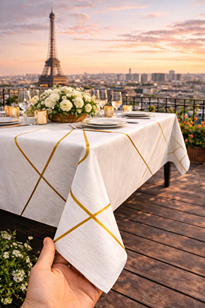 Rona Home Bež, prljavo bela, zlatna pruga Sa deznom Stolnjak – Luksuzna stoln...