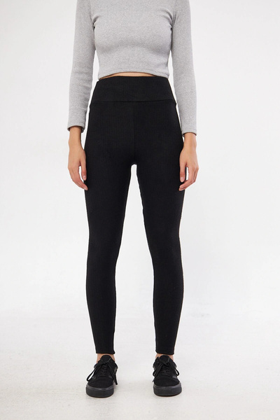 Oyga Colanți de iarnă cu talie înaltă, neagră, cu dungi fine, cu talie subțire