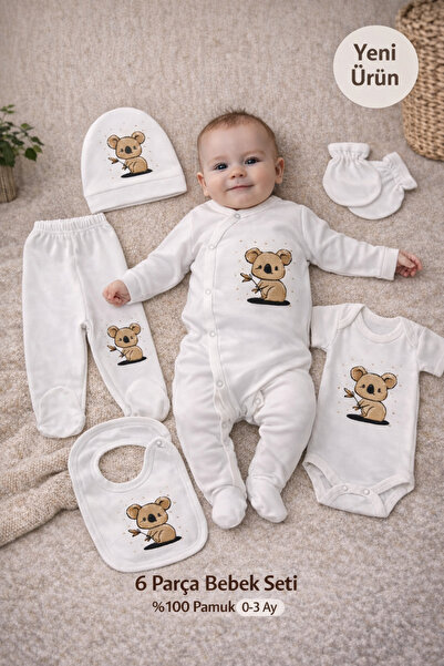 La Luna Baby Girl-Boy 6 Piece White Koala Patterned Hospital Release Outfit 1...