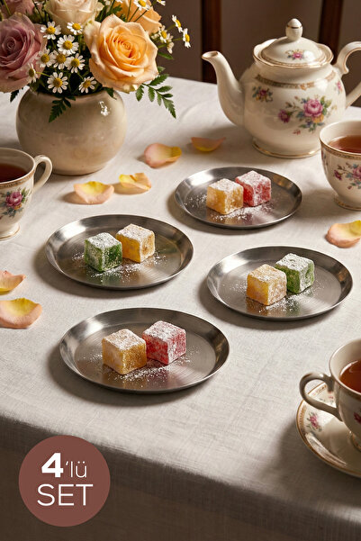 Vienev Set of 4 Silver Color Plates - Snack and Fruit Presentation Plates