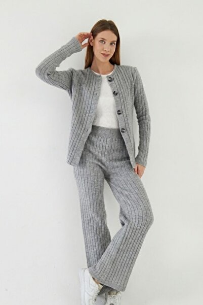 Irmak Kerekli Γυναικείο Σετ Πλεκτό Ζακέτα-Παντελόνι με Απαλή Υφή 7119 Γκρι