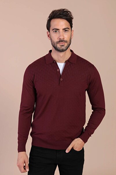 Ferraro Пуловер с поло яка от суперфина вълна - бордо