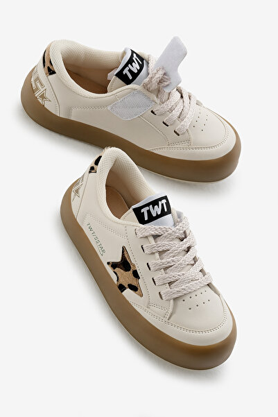 Tonny Black Çocuk Unisex Bej Leopar Termo Taban Yıldız Detaylı Bağcıklı ve Cırtlı Spor Ayakkabı