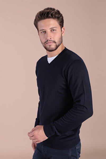 Ferraro V-izrez superfini Vuna džemper - tamnoplavi