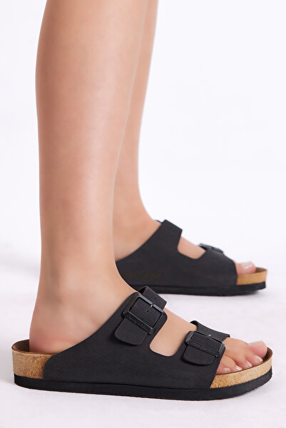 Tonny Black شبشب من جلد النوبوك ذو إبزيم مزدوج ونعل بولي مريح أسود للجنسين