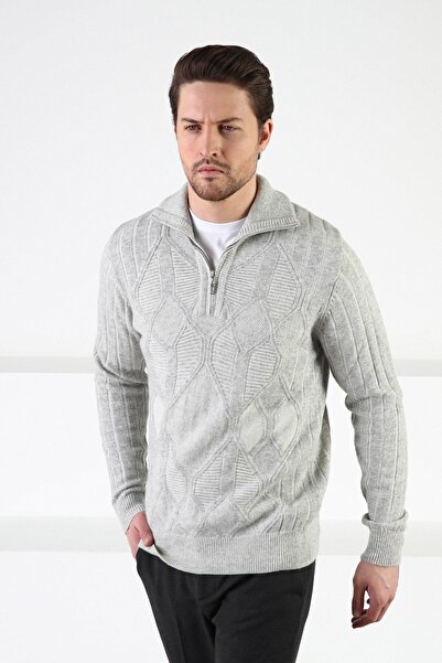 Ferraro A. Сив мъжки пуловер с вграден десен и стояща яка, 100% агнешка вълна