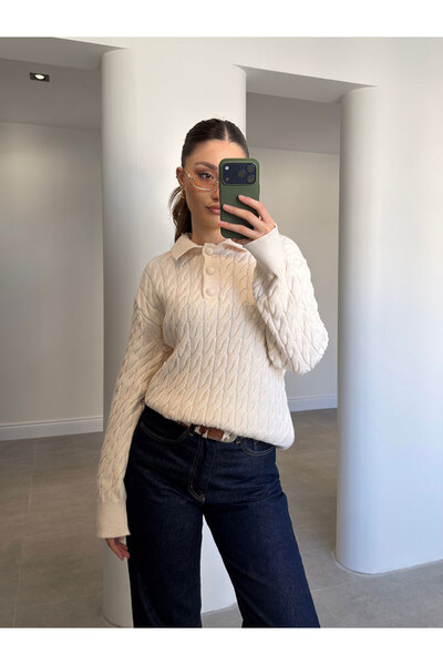 MAGARDE Pulover tricotat cu nasturi, cu împletituri, pentru noul sezon - ECRU