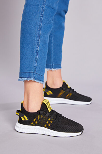 Tonny Black Unisex Siyah Sarı Rahat Kalıp Yanı Şerit Deseli Bağcıklı Spor Aya...