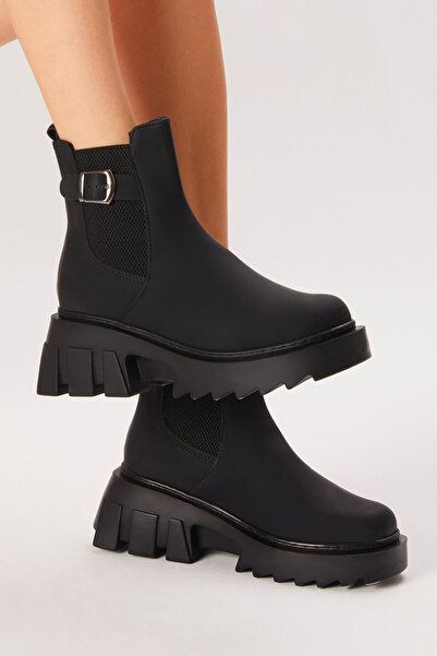 Tonny Black Дамски черни кожени удобни ботуши с дебела подметка, катарама и е...