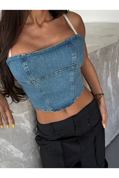 HerTon Denim Korsaj Görünümlü Askılı Büstiyer – Mavi