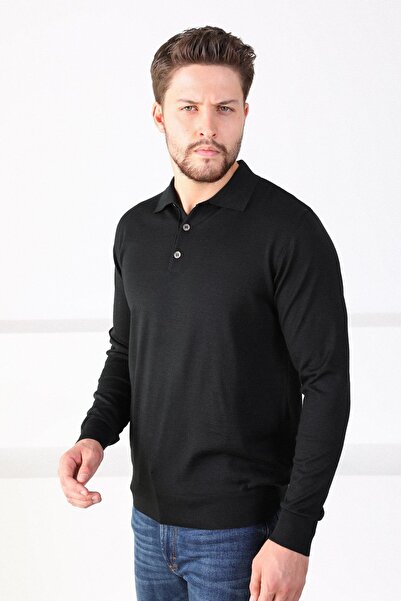 Ferraro Pulover negru cu guler polo, din tricotaj superfin, pentru bărbați