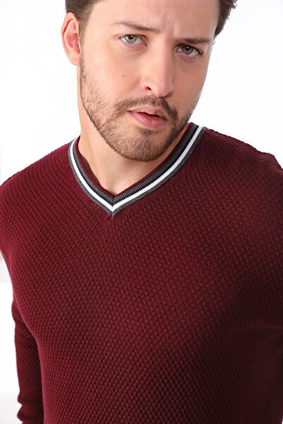 Ferraro سترة قطنية للرجال باللون الأحمر الداكن وياقة على شكل حرف V