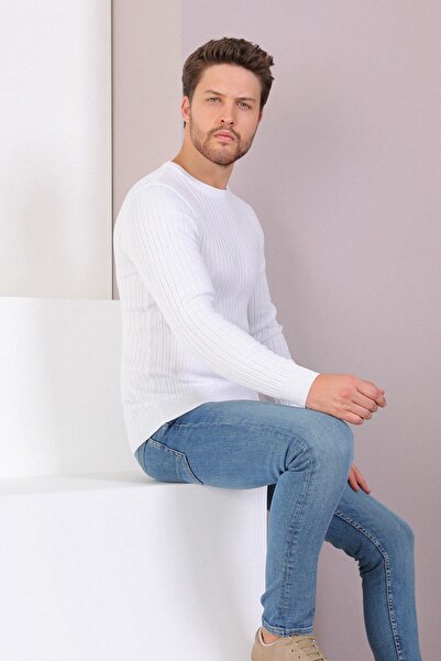 Ferraro سترة رجالية بيضاء ذات ياقة دائرية من القطن المضلع