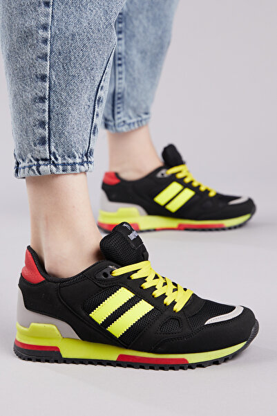 Tonny Black Unisex Siyah Sarı Termo Taban Şeritli Bağcıklı Spor Ayakkabı