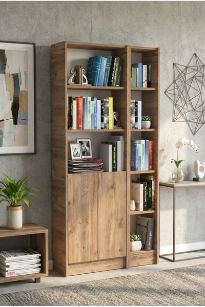 YETİ MOBİLYA Flat85 Kitaplık 2 Kapaklı Kütüphane Çok Amaçlı Dolap Çam Antrasit