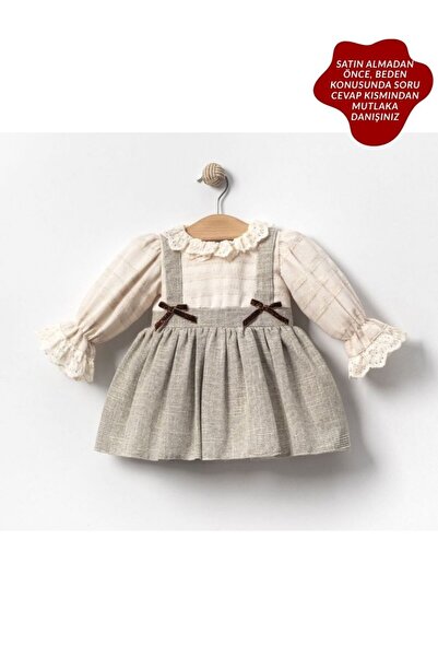 aysskids LUNA Askı Detaylı Etekli Uzun Kollu Kız Bebek Elbise Çift Fiyonk