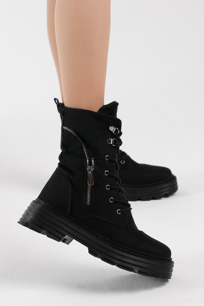 Tonny Black Női fekete velúr poliészter cipzáras, kényelmes fűzős csizma