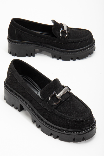 Tonny Black Dámský černý semiš pohodlný střih přední přezka tlustá podrážka m...