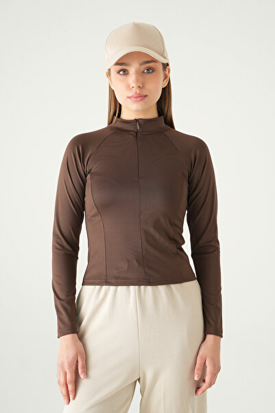 Rays 8334A Front Zipper Long Sleeve Blouse Brown