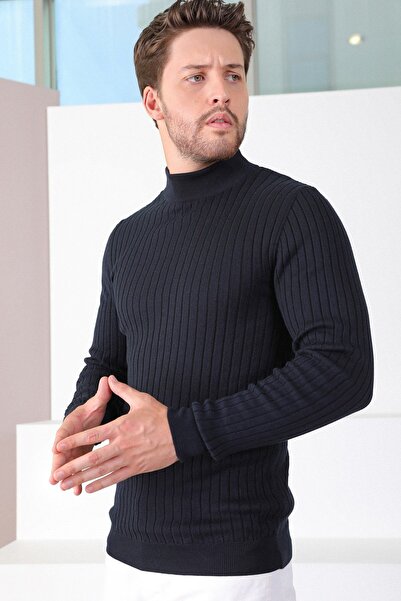 Ferraro سترة رجالية من نسيج القطن المضلع بنصف ياقة دائرية باللون الأزرق الداكن