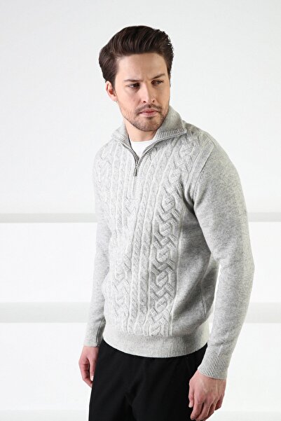 Ferraro Pulover pentru bărbați A.Grey, cu fermoar și guler înalt, 100% lână d...