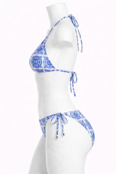 VAJESTO Women's Blue Triangle Bikini Set Lycra Stretchy Side Halter Neck Stylish Drawstring
