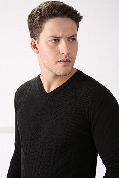 Ferraro سترة قطنية سوداء للرجال بياقة على شكل حرف V