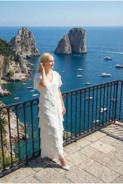 Romina Samara Omuz Dekolteli Volanlı Uzun Abiye Şifon Davet ve Düğün Elbisesi