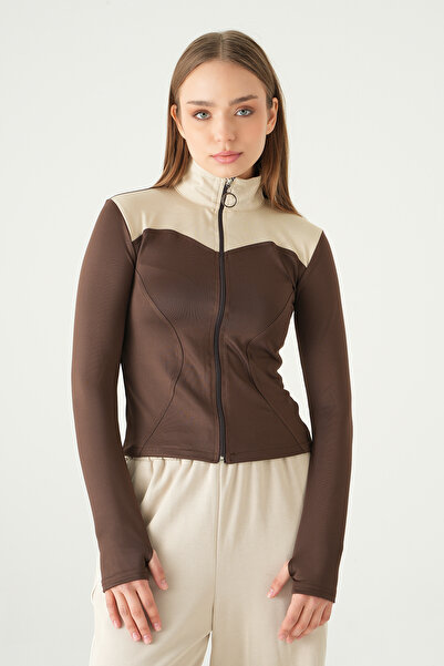 Rays 8325A Front-Striped Zippered Cardigan Brown