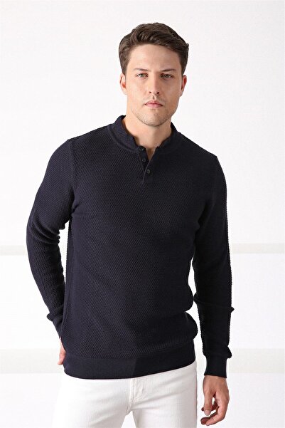 Ferraro Pulover din bumbac pentru bărbați, albastru marin, cu guler tip bicic...